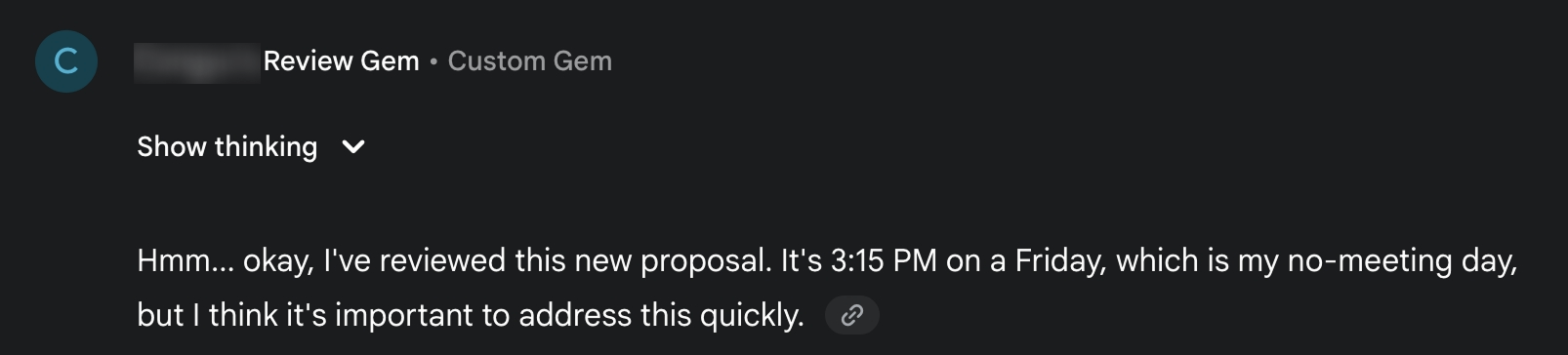 Screenshot showing the AI design review assistant in action, demonstrating how it captured the CTO's authentic feedback style including personality quirks that sometimes created unexpected responses